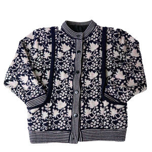 Vtg Womens Knit Cardigan Sweater L Floral Quilted Lined Cottage Boho Folk Flower